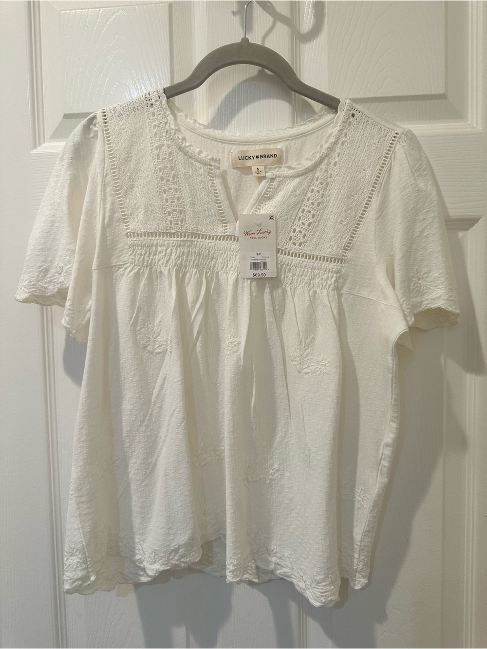 Lucky Brand Cream Lace-Trim Peasant Blouse